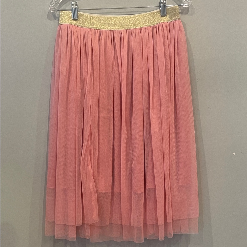 Soft Pink Tulle Midi Skirt with Gold Elastic Waistband